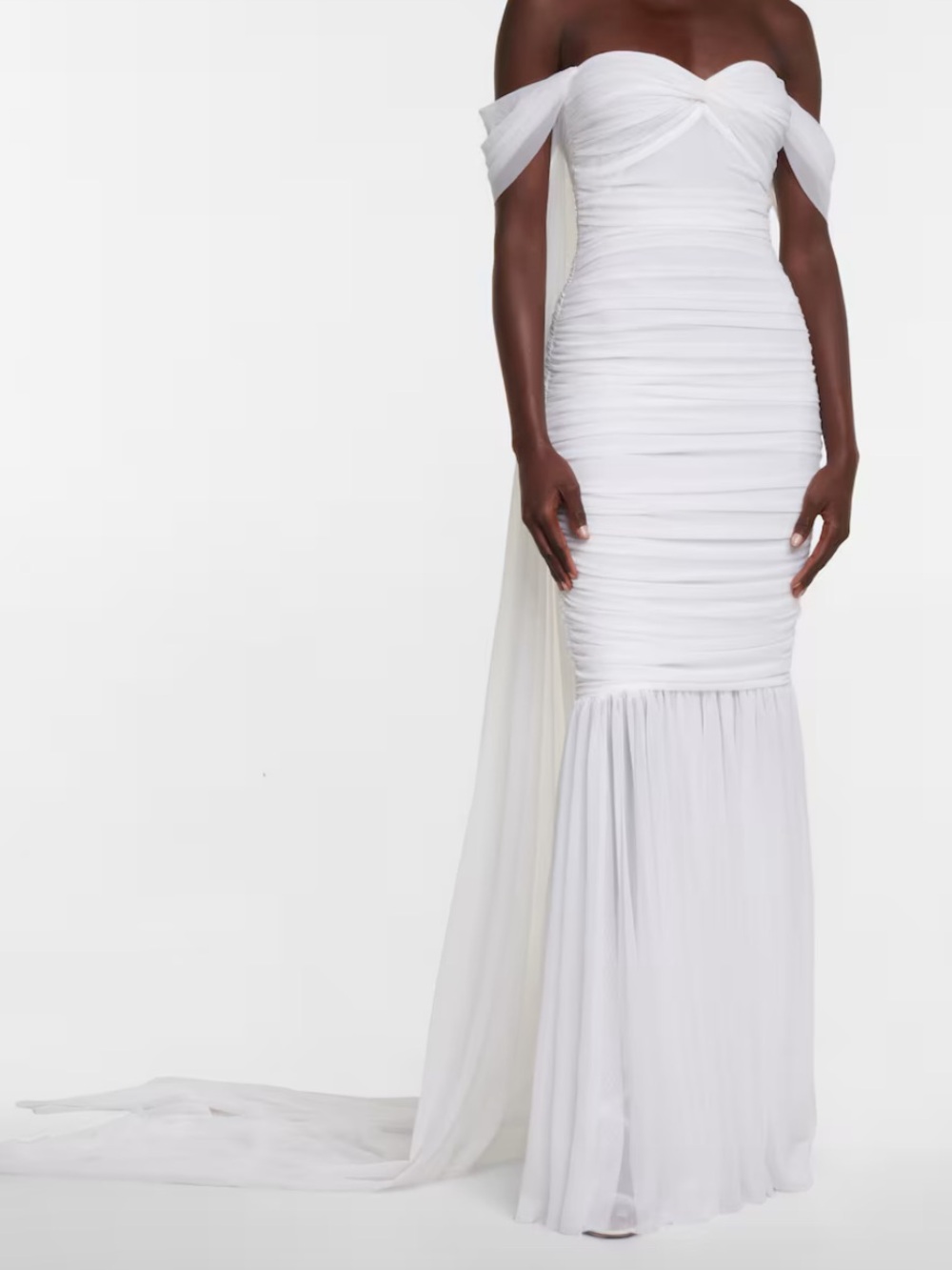 Norma Kamali Off-Shoulder White Ruched Mermaid Bridal Gown